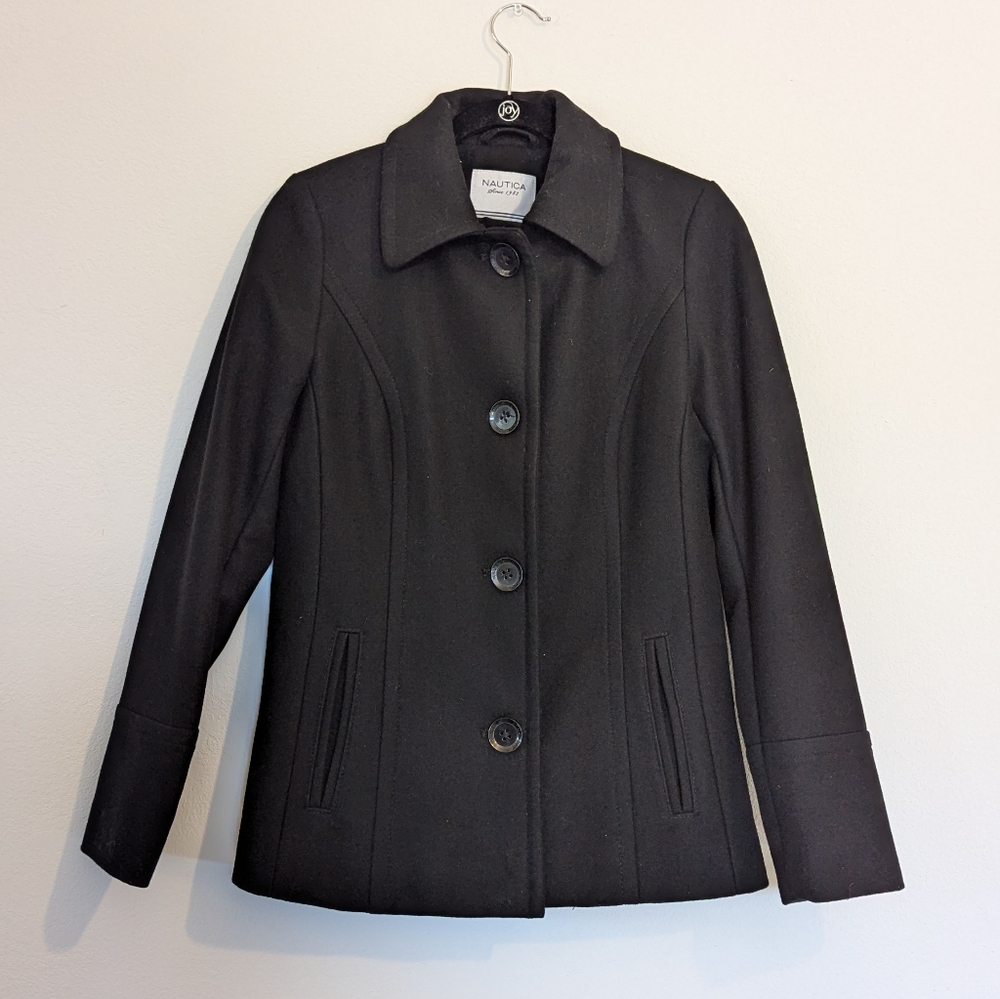 Nautica Black Single Breasted Lined Pea Coat Size Extra Small